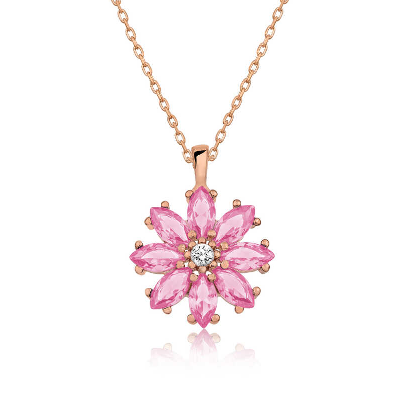 Silver Rose Pink Flower Necklace