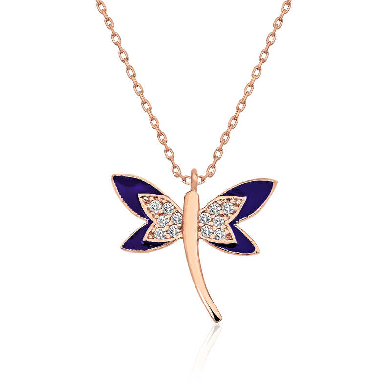 Silver Rose Navy Blue Dragonfly Women’s Necklace