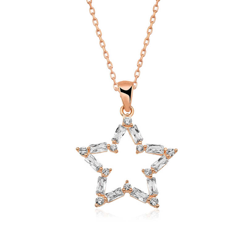 Silver Rose Baguette Stone Star Necklace