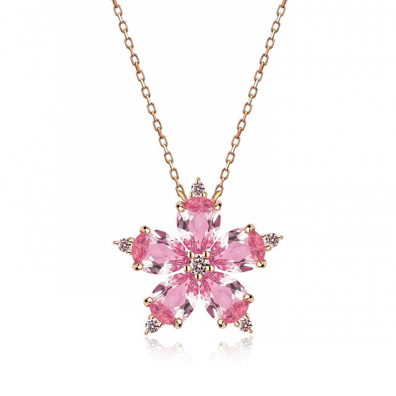 Silver Rose Pink Camellia Flower Necklace