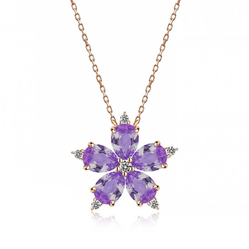 Silver Rose Lilac Camellia Flower Necklace