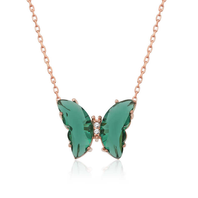 Silver Rose Green Glass Butterfly Necklace
