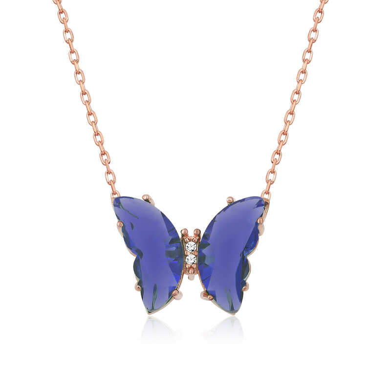 Silver Rose Blue Glass Butterfly Necklace