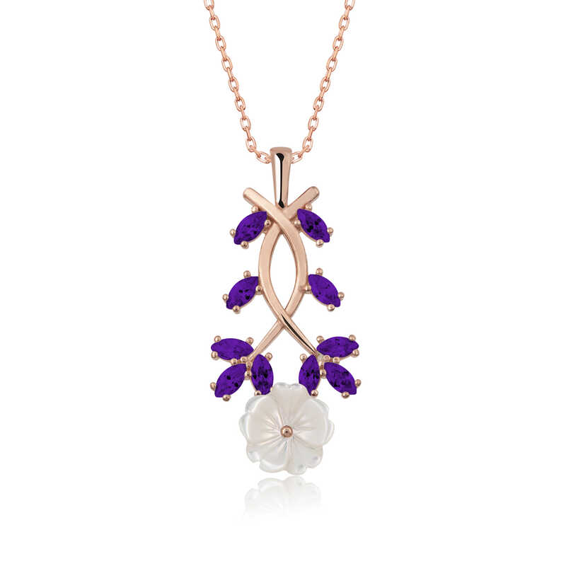 Silver Rose Purple Leaf Spring Flower Necklace