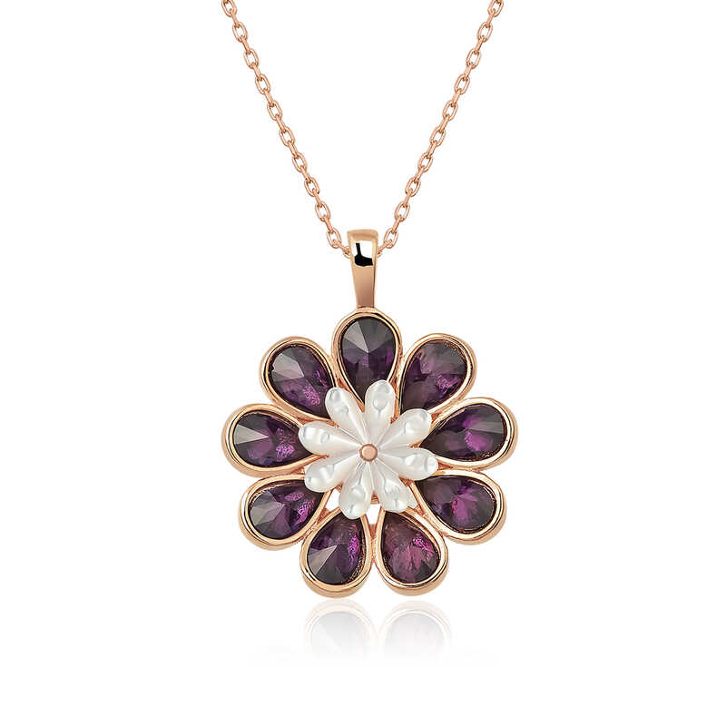 Silver Rose Redbud Flower Necklace