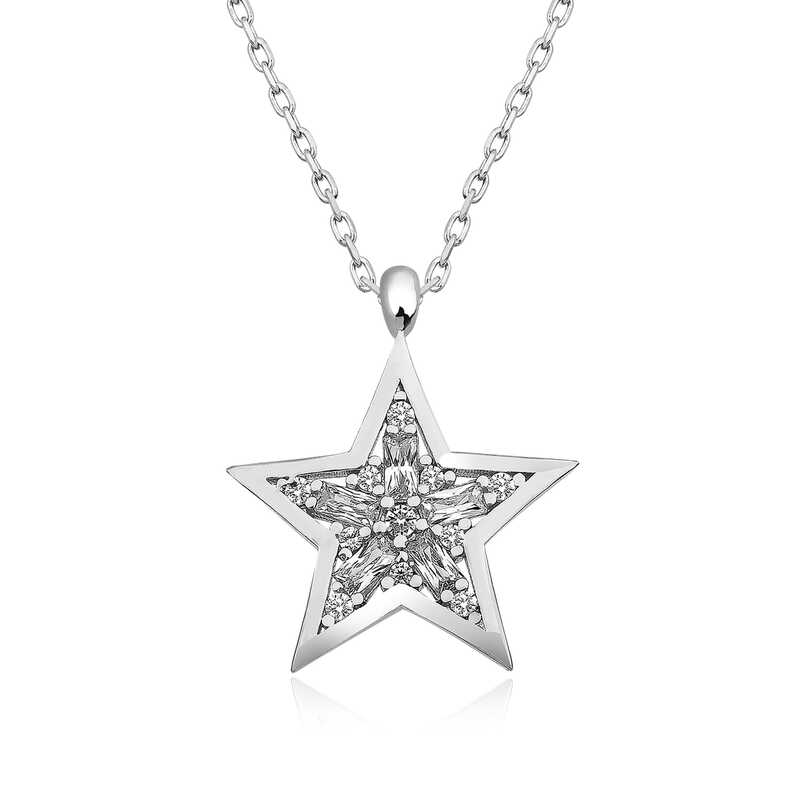 Silver Baguette Stone Star Necklace