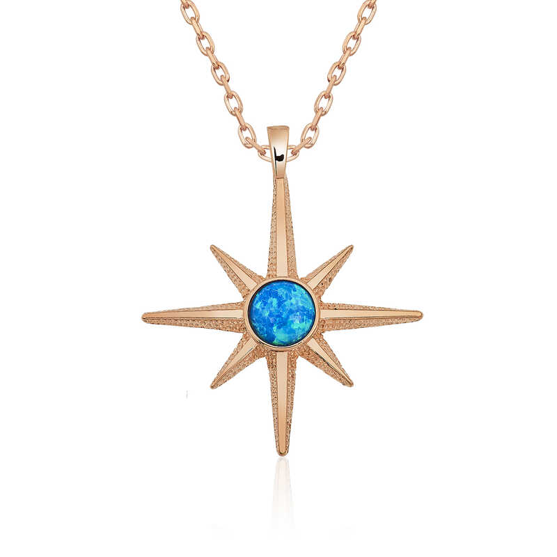 Silver Rose Blue Opal Stone Pole Star Necklace