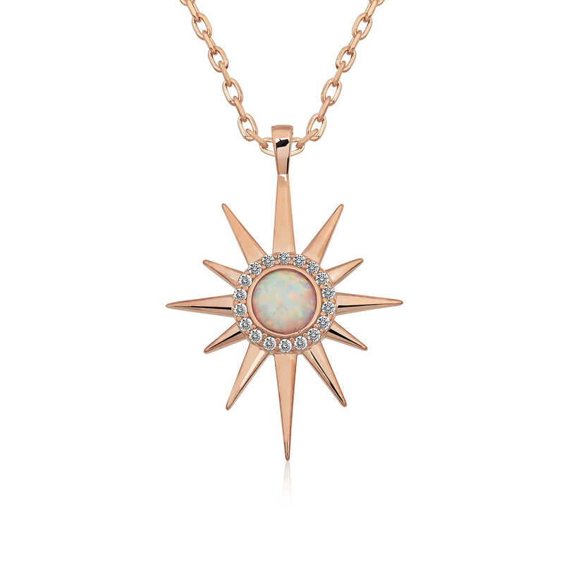 Silver Rose White Opal Stone North Star Necklace
