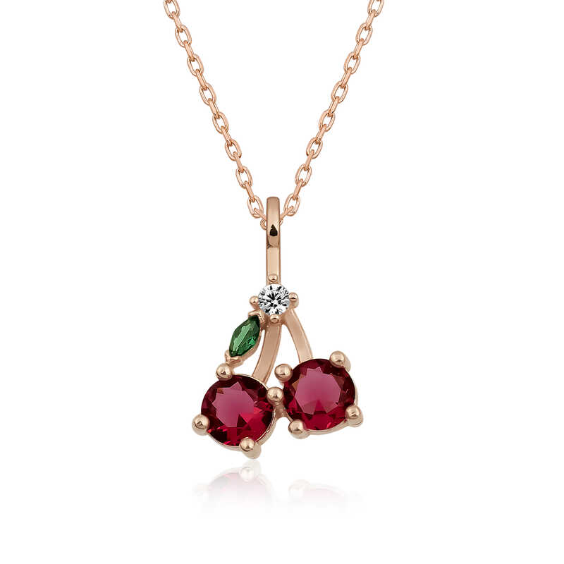 Silver Rose Cherry Figurine Fruit Necklace