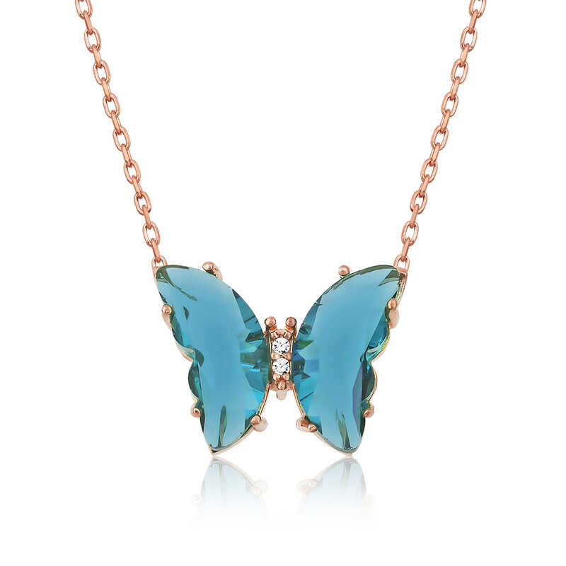 Silver Rose Turquoise Glass Butterfly Necklace
