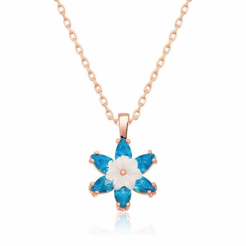 Silver Rose Blue Lotus Flower Necklace