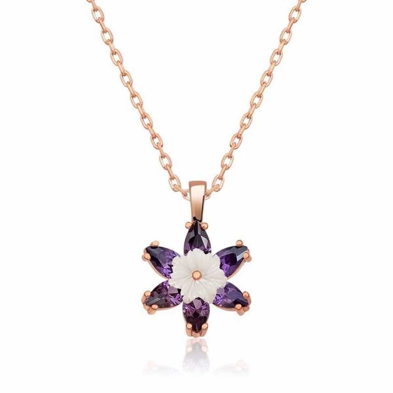 Silver Rose Purple Lotus Flower Necklace
