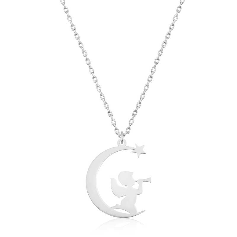 Silver Moon Sitting Angel Necklace