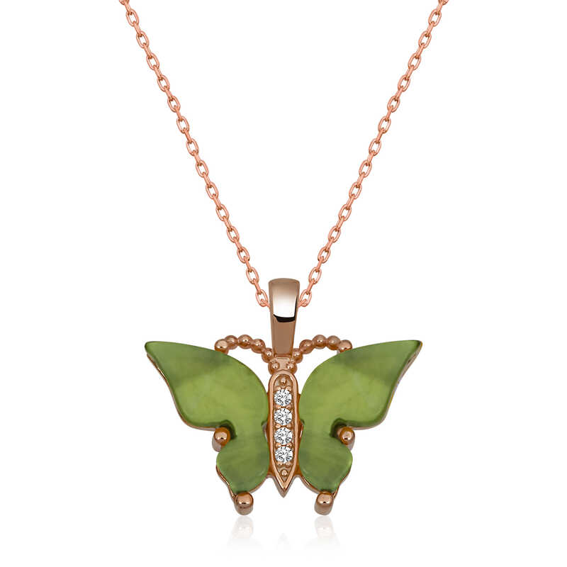 Silver Rose Green Tiger’s Eye Stone Butterfly Necklace