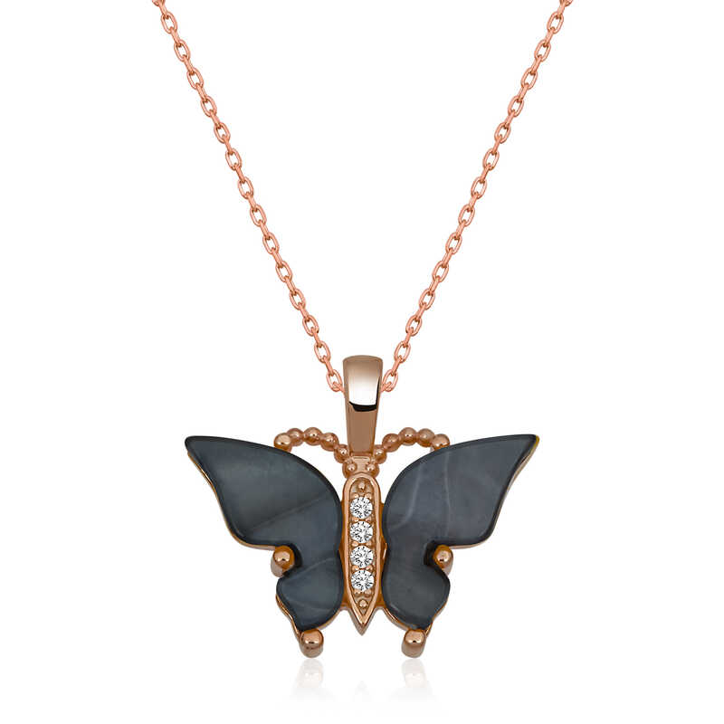 Silver Rose Anthracite Tiger’s Eye Stone Butterfly Necklace