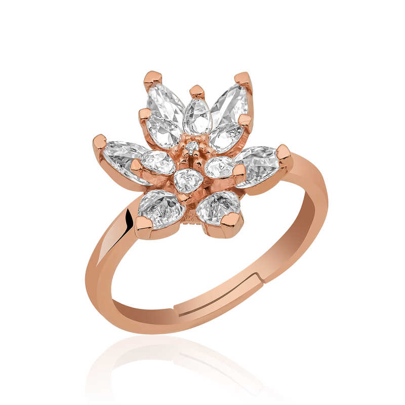 Silver Rose White Stone Lotus Flower Ring