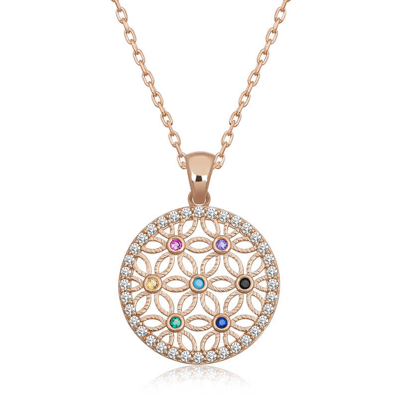 Silver Rose Colored Stone Flower of Life Women’s Necklace