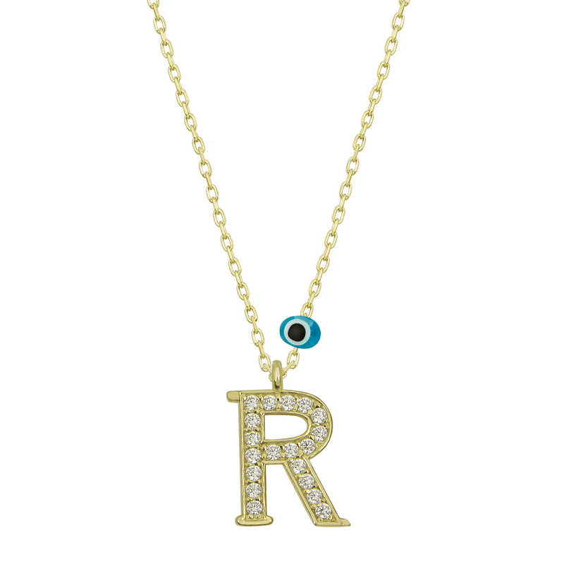 Silver Evil Eye Gold Letter R Women’s Necklace