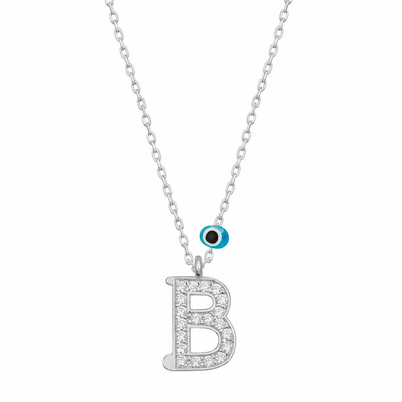 Silver Evil Eye Rhodium Letter B Women’s Necklace
