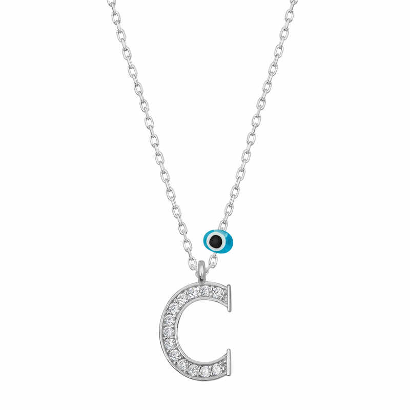 Silver Evil Eye Rhodium Letter C Women’s Necklace