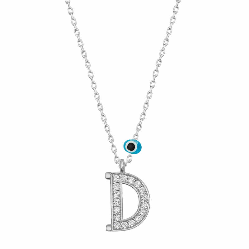 Silver Evil Eye Rhodium Letter D Women’s Necklace
