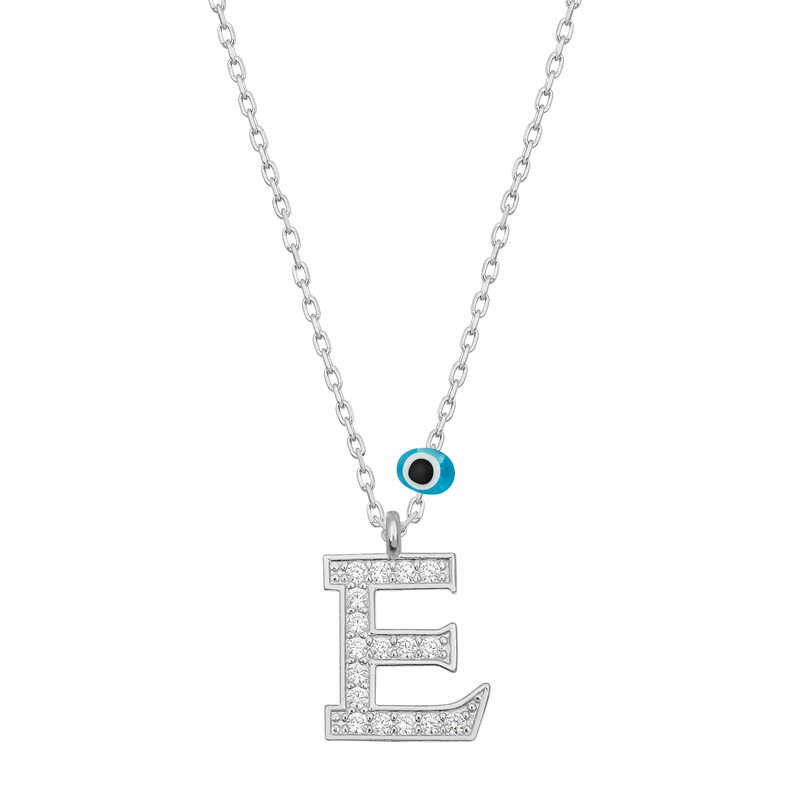 Silver Evil Eye Rhodium Letter E Women’s Necklace
