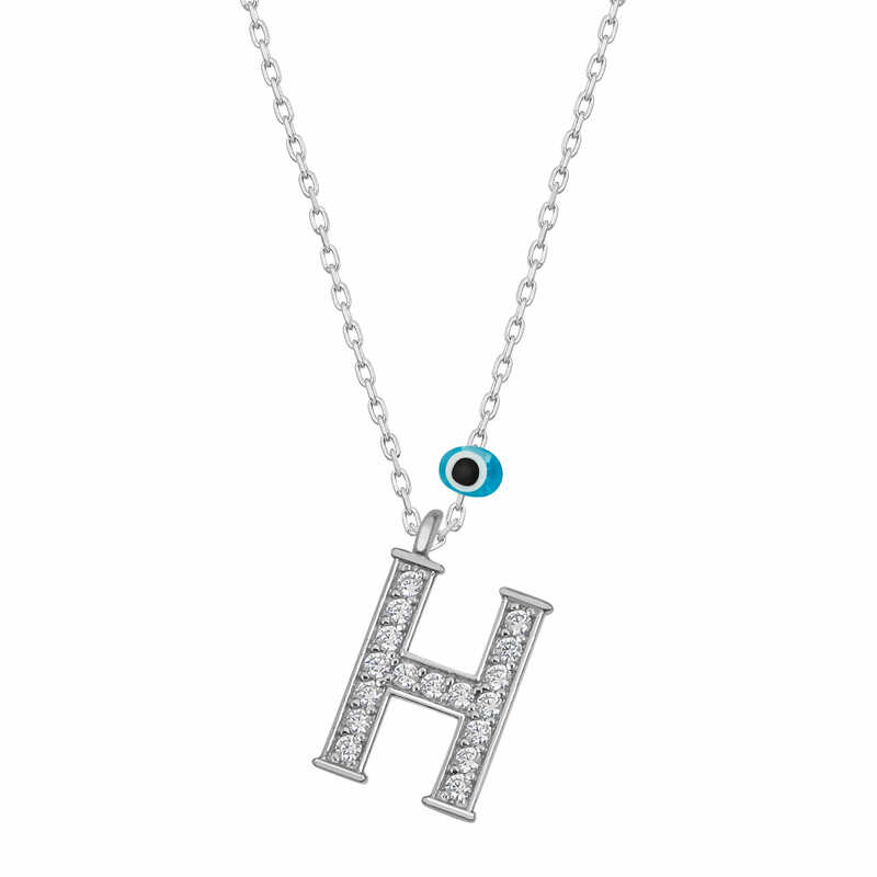 Silver Evil Eye Rhodium Letter H Women’s Necklace