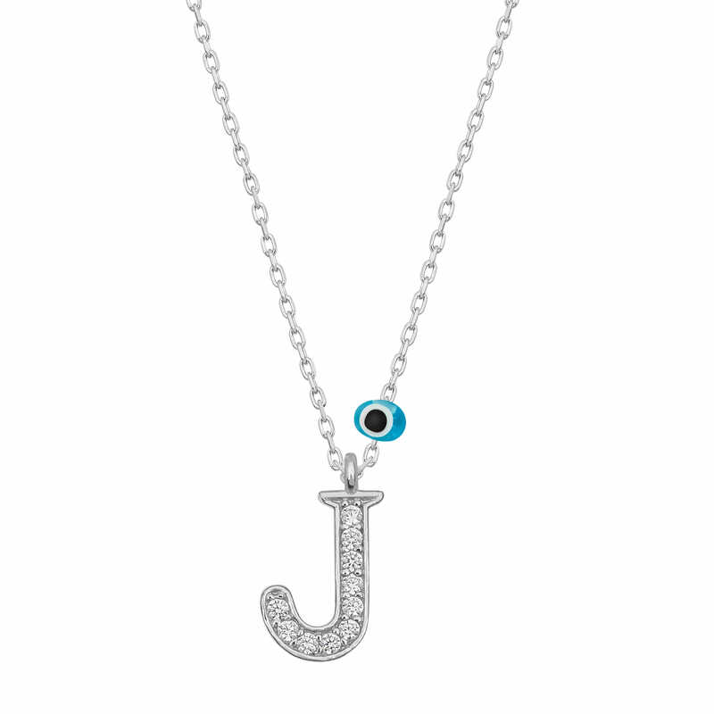 Silver Evil Eye Rhodium Letter J Women’s Necklace