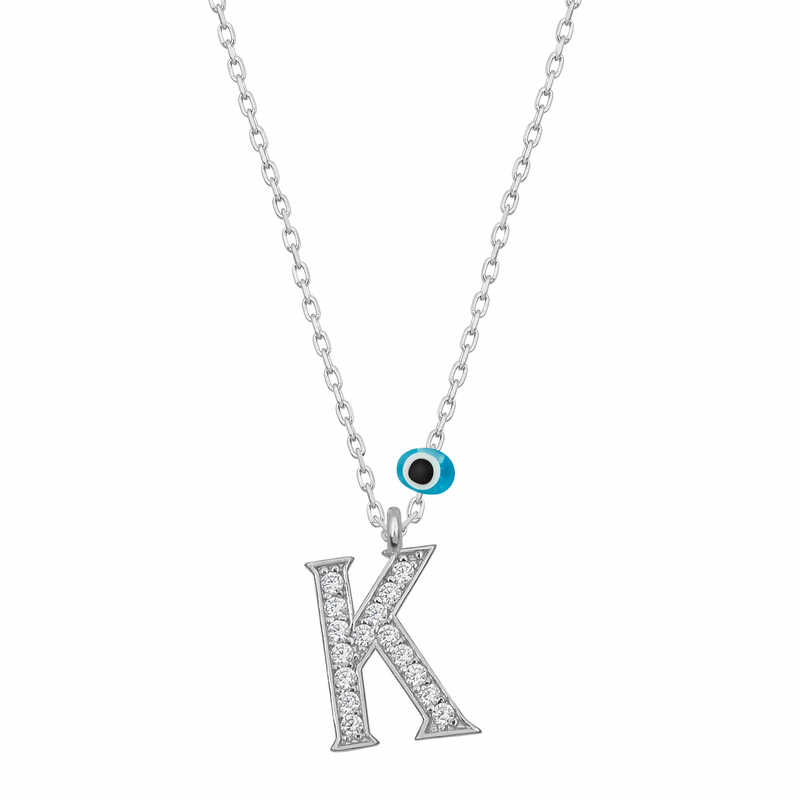 Silver Evil Eye Rhodium Letter K Women’s Necklace