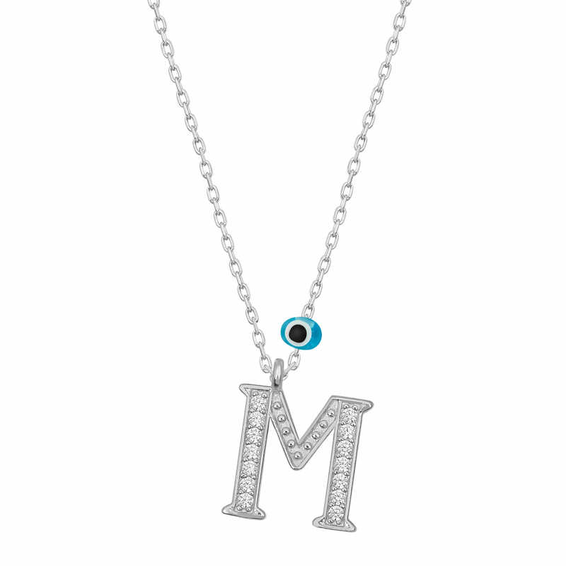 Silver Evil Eye Rhodium Letter M Women’s Necklace
