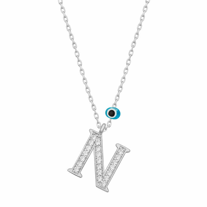 Silver Evil Eye Rhodium Letter N Women’s Necklace