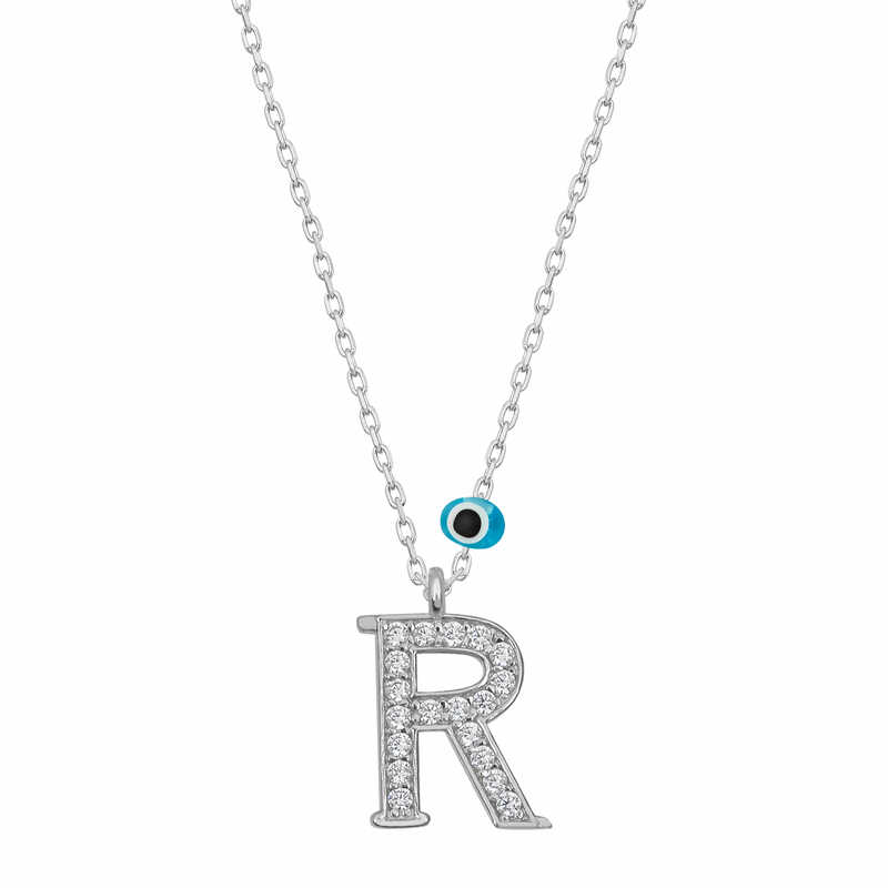 Silver Evil Eye Rhodium Letter R Women’s Necklace