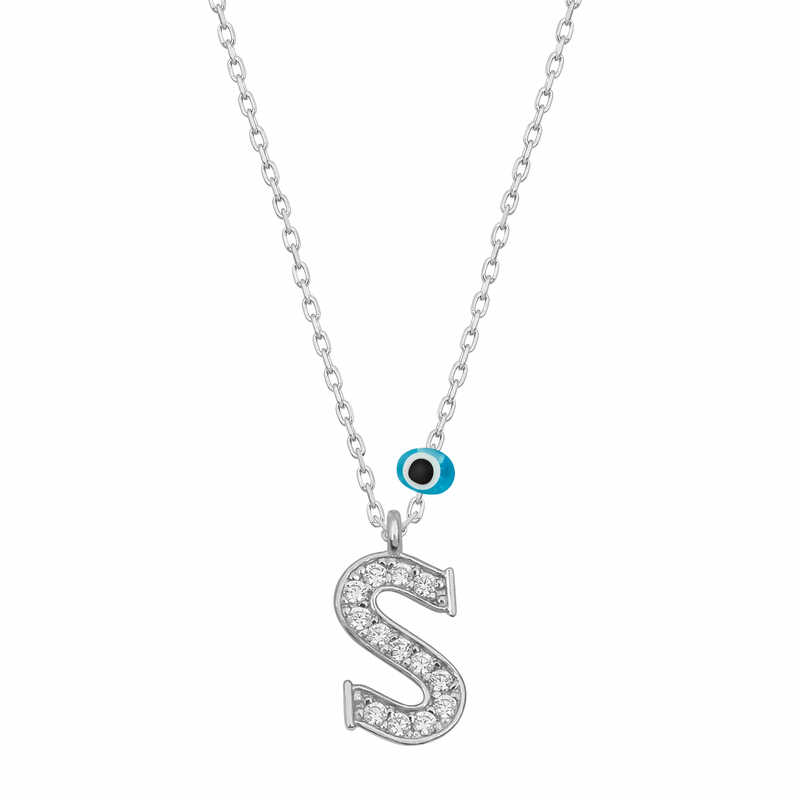 Silver Evil Eye Rhodium Letter S Women’s Necklace