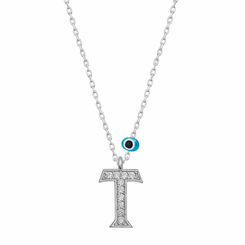 Silver Evil Eye Rhodium Letter T Women’s Necklace