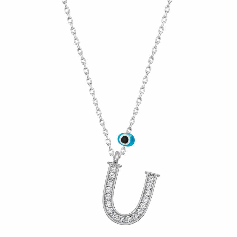 Silver Evil Eye Rhodium Letter U Women’s Necklace