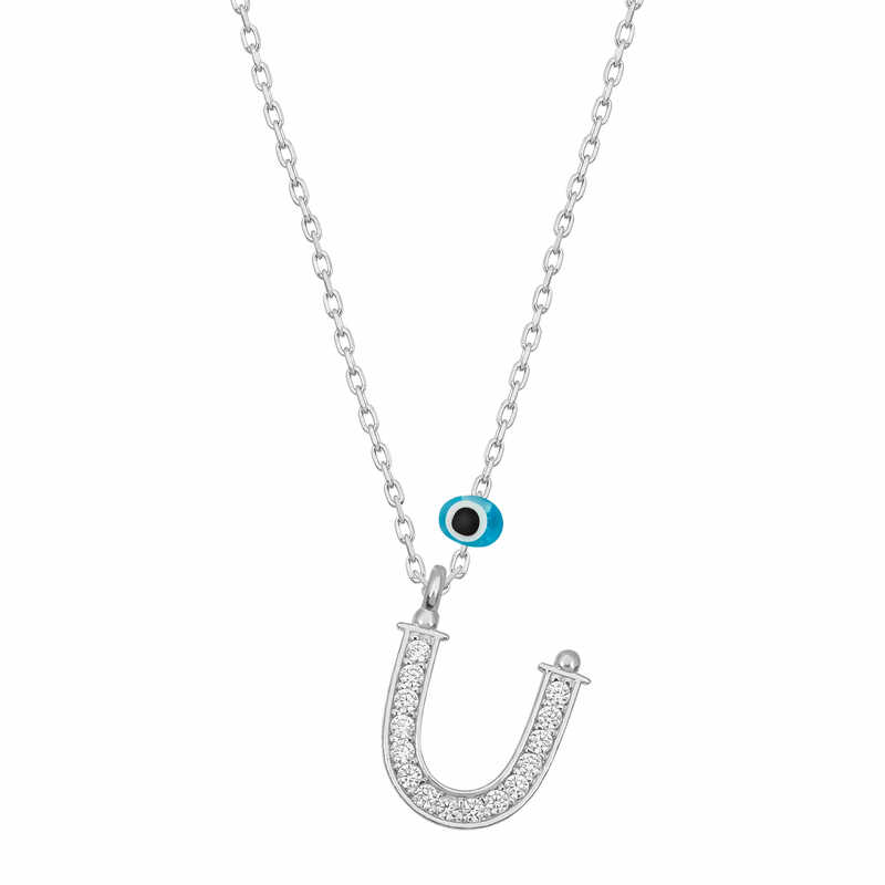 Silver Evil Eye Rhodium Letter U Women’s Necklace