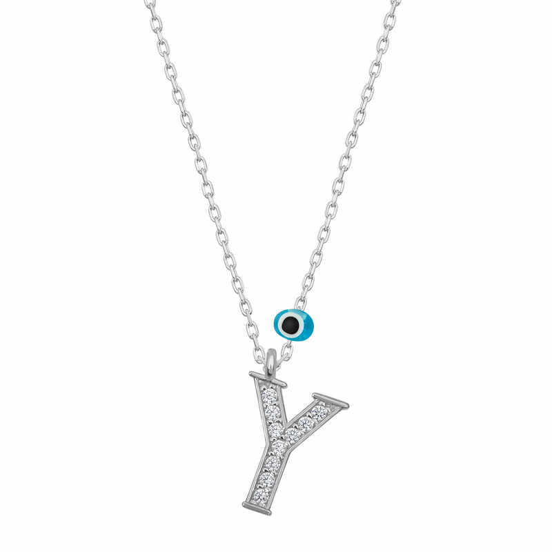 Silver Evil Eye Rhodium Letter Y Women’s Necklace