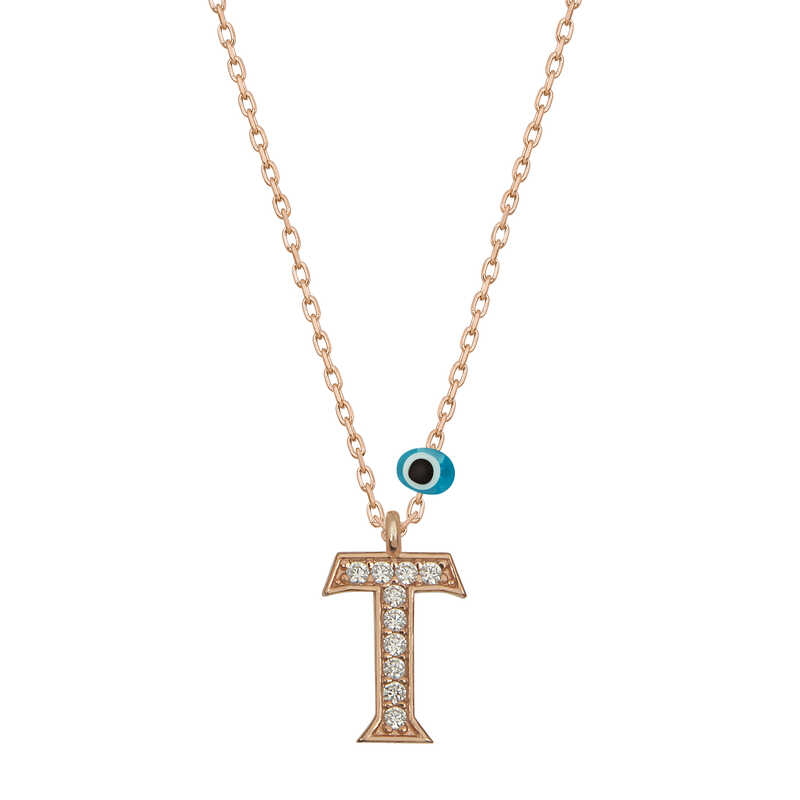 Silver Evil Eye Rose Letter T Women’s Necklace