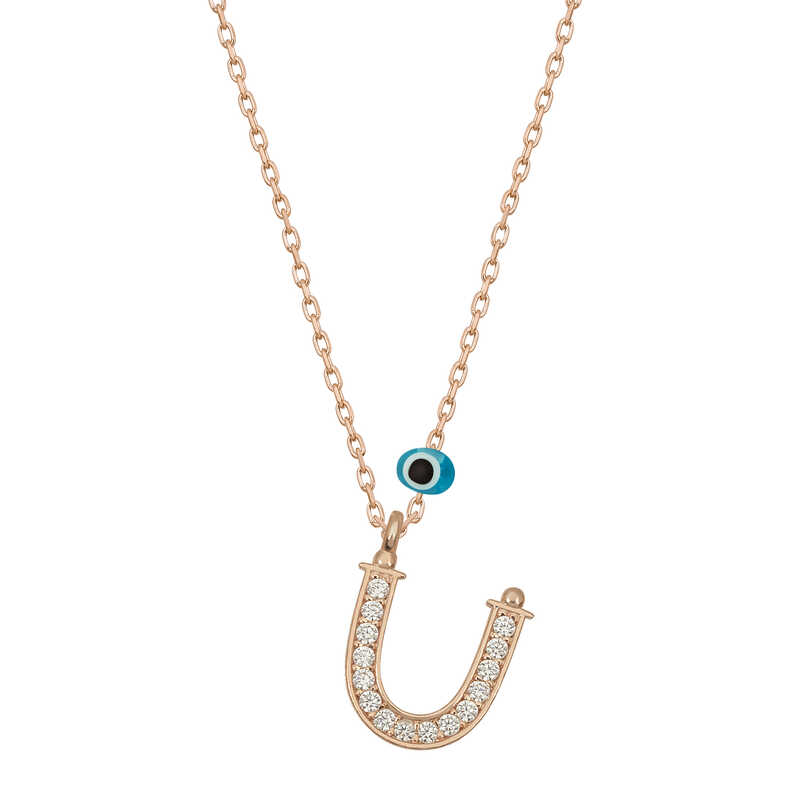 Silver Evil Eye Rose Letter U Women’s Necklace