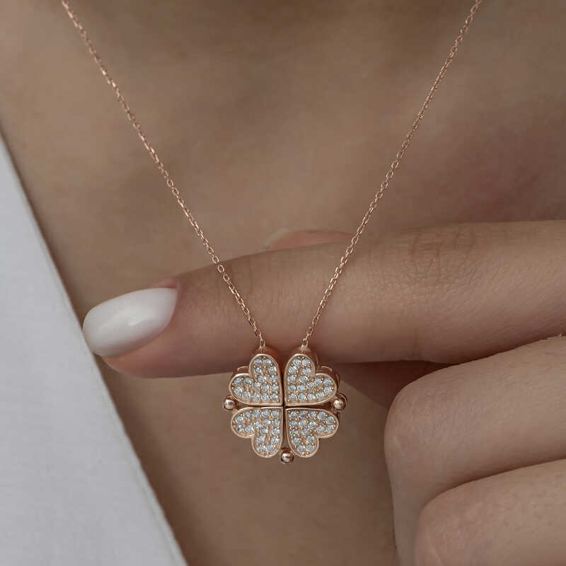Silver Rose Heart Openable Clover Women’s Necklace