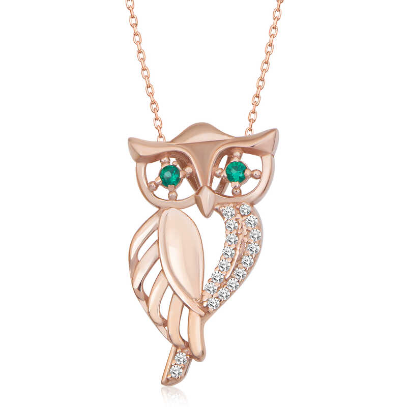 Silver Rose Green Eyed Owl Women’s Necklace