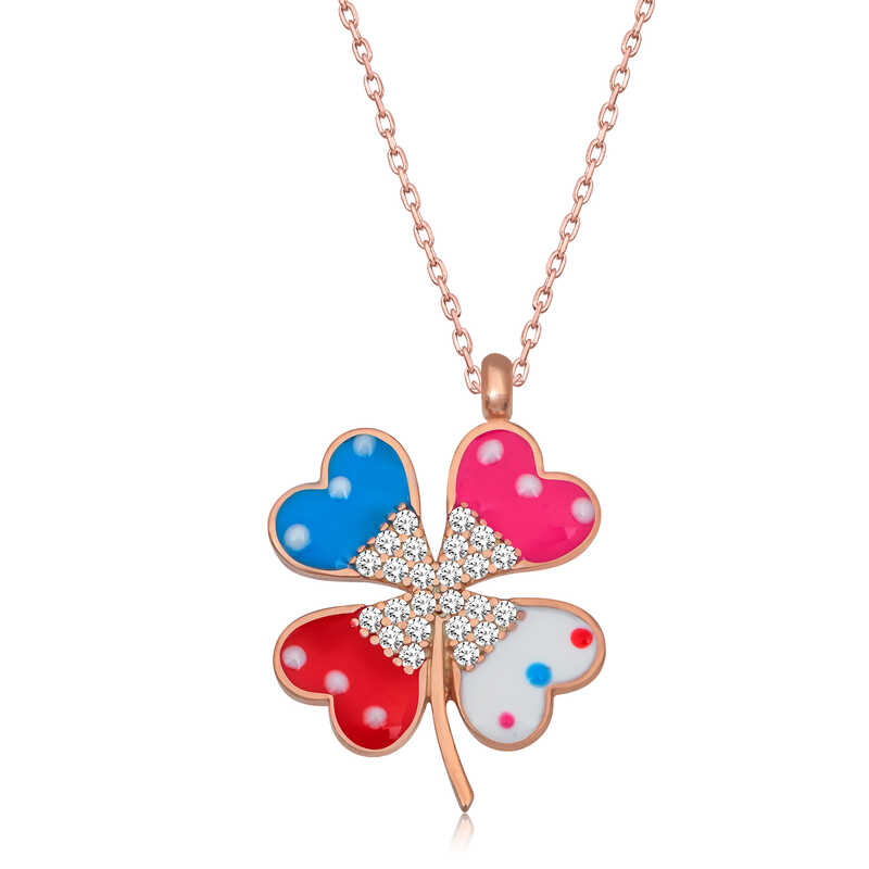 Silver Rose Colored Stone Clover Women’s Necklace