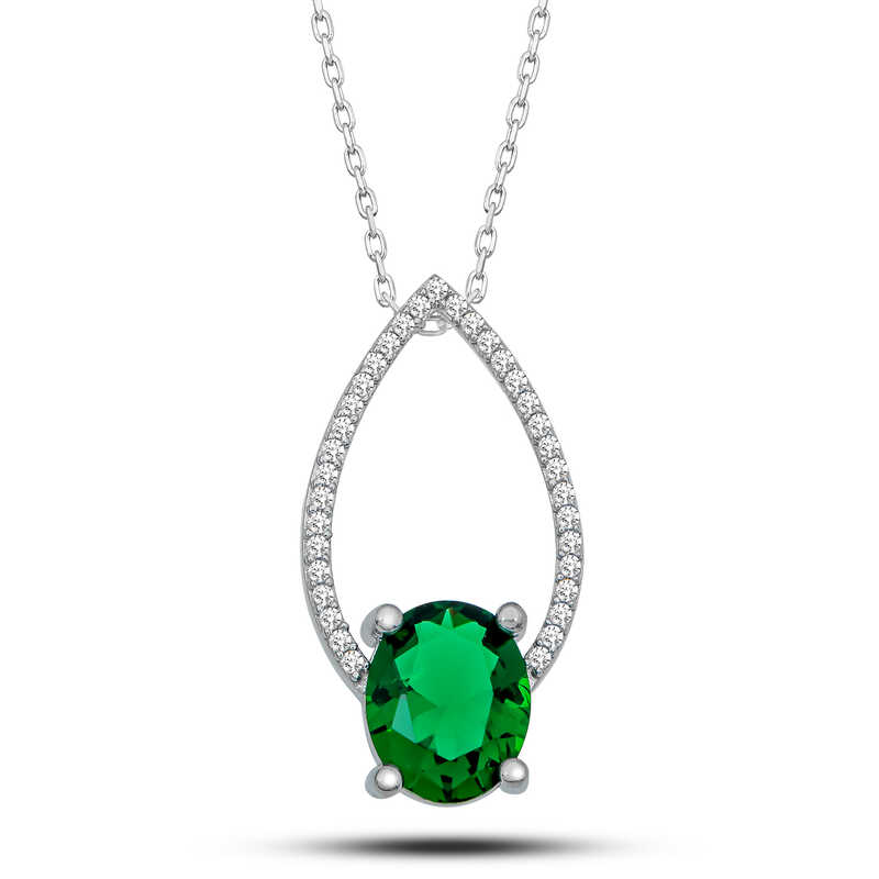 Silver Green Oval Stone Drop Women’s Necklace