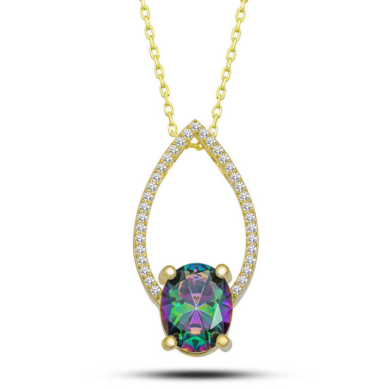 Silver Gold Oval Mystic Topaz Stone Drop Women’s Necklace