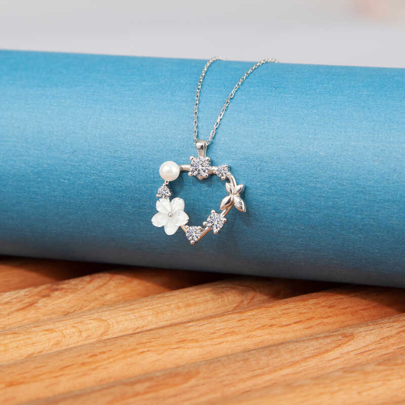 Silver Heart Magnolia Flower Butterfly Women’s Necklace