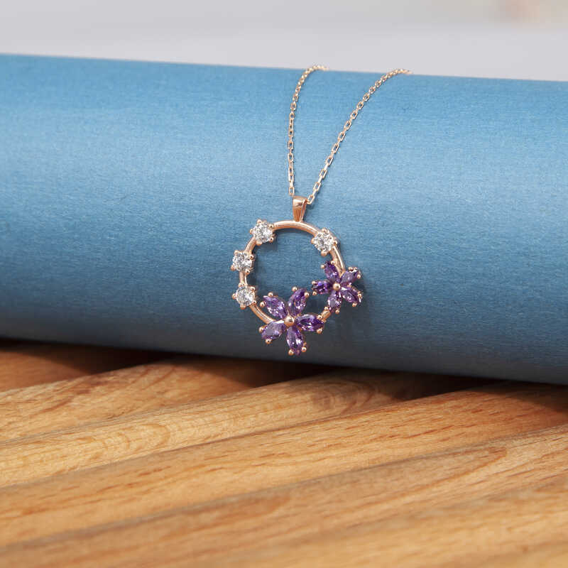 Silver Rose Purple Flower Women’s Necklace
