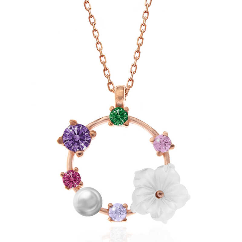 Silver Rose Colored Stone Magnolia Flower Women’s Necklace