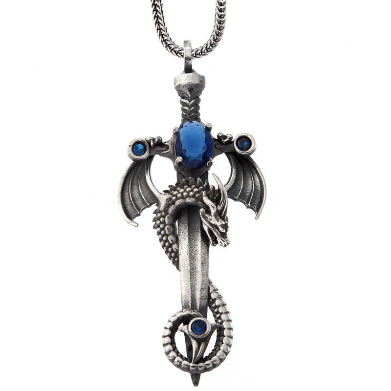 Silver Sapphire Stone Dragon Men’s Sword Necklace