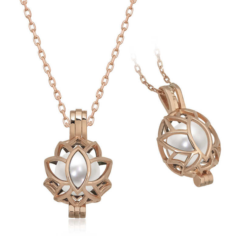 Silver Rose White Pearl Caged Lotus Women’s Necklace