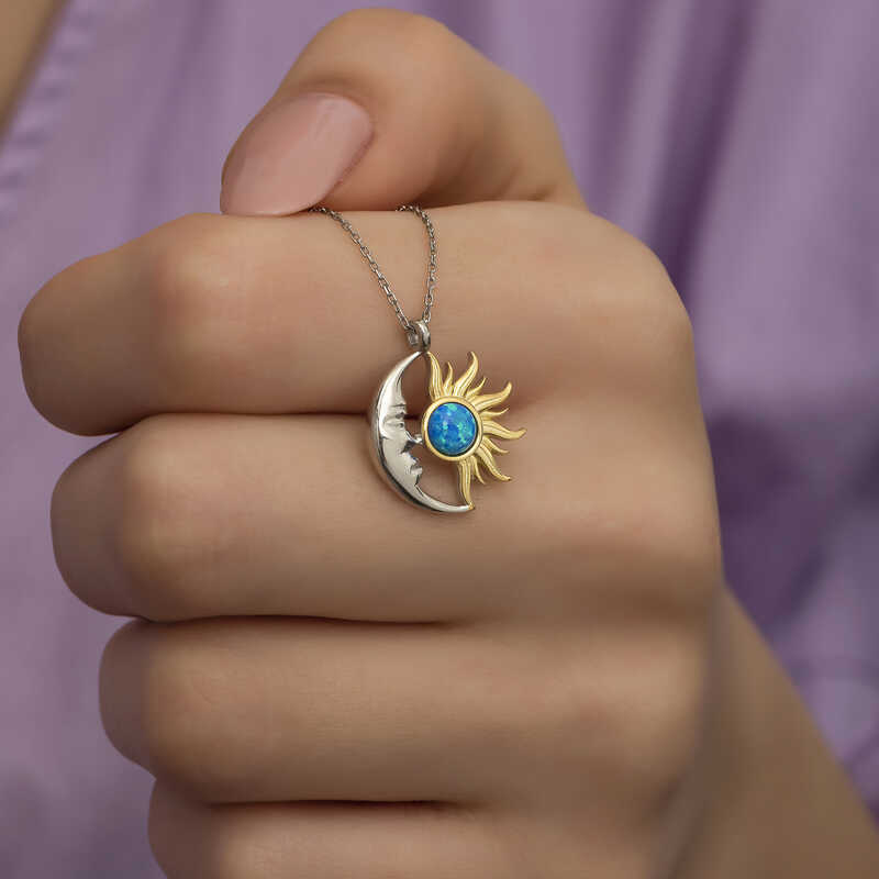 Silver Opal Blue Stone Moon Sun Women’s Necklace